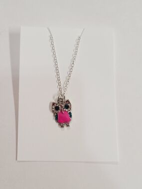 Pink Owl Pendant Necklace - Silver Tone Chain